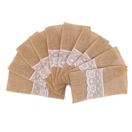 DECORA 4 X8 Inch Hessian Burlap Lace Jute Cutlery Pocket Knifes Forks Bag Burlap Silverware Holders for Wedding Table Decoration 50PCS