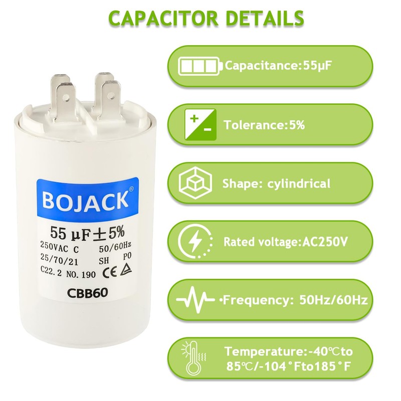 BOJACK CBB60 55uF 250 Volt 50/60Hz AC Capacitor Round Run