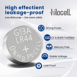 hilocell AG13 LR44 357 303 SR44 Battery, Premium Alkaline 1.5V Button Coin Cell Batteries, 20 Pack