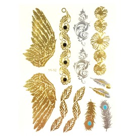Allydrew Large Metallic Gold Silver and Black Body Art Temporary Tattoos, Feathers, Wings, Daisies