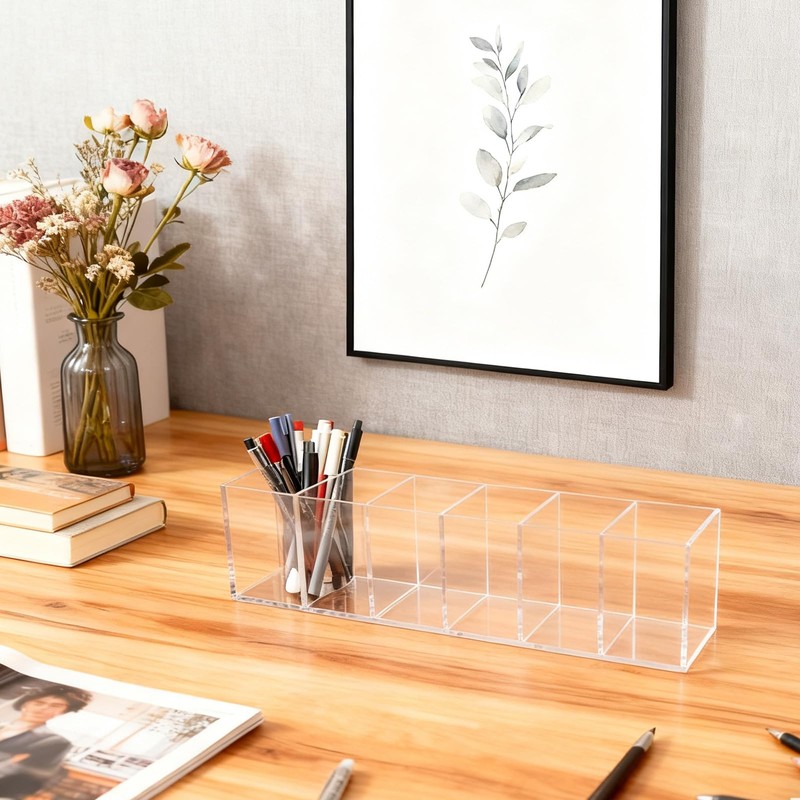 PEDOBALI 5 Pcs Clear Pencil Holder 6 Compartments Acrylic Cosmetic