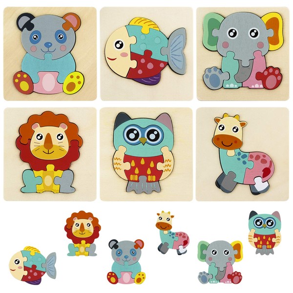 HellDoler Wooden Jigsaw Puzzles,6 Pack Animal Peg Jigsaw Puzzles Set Educational Montessori Learning Toys for 3 4 5 6 7 Years Old Kids Toddlers Babies Boys Girls