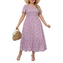 Nemidor Plus Size Womens Casual Maxi Dress Summer Ruffle Sleeve Ditsy Floral Print Boho Long Dresses with Pocket 16-26 (593,22,LightpurplePrint)