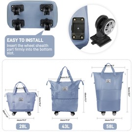 Rolling Duffle Bag with Wheels and Handle, Expandable Foldable Roller Travel Duffel, Detachable Wheeled Carry on Rolling Tote Bag, Light Blue