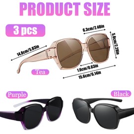 Over Glasses Sunglasses Womens, 3 Pairs Polarised Sunglasses Over Glasses, Oversized Trendy Square Fit Over Sunglass for Women and Men Driving Outdoor Activities Travel (Purple+Tea+Black)
