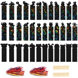 Goaste 144 Pack Animal Scratch Bookmarks, Magic DIY Bookmark Crafts, Colorful Dinosaur Scratch Paper with 144 Pieces Colorful Ropes and 72 Pieces Bamboo Stylus for Classroom Activities, Christmas
