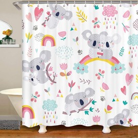 Cortinas de ducha impermeables con diseño de koala para niños, diseño de dibujos animados de animales, arco iris, cortina de ducha con flores florales y ganchos, 188 x 182 cm