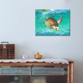 JZLDZS Coastal Wall Art Green Sea Turtle Canvas Prints Framed Artwork Ocean Bathroom Decor, 12x16 Inch Nautical Beach Theme Wall Decor