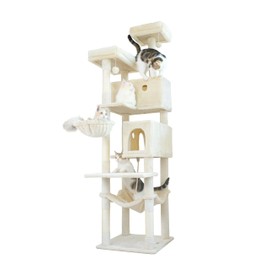 Ouritsu Cat Tree, 73 inch Cat Tower for Large Cat Indoor, 2 Top Perches with 1 Widened, 2 Enlarged Condos, Large Fluffy Hammock and Basket, Scratching Posts, Beige, XLF001WH