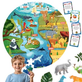 Jumbo 70 Piece Round Floor Puzzles for Kids Ages 3-5, 6-8, Large Jigsaw Puzzle with Educational Flash Cards and 3D Figures | Educational Gift (Animal Safari)