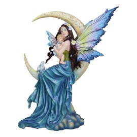 Ebros Gift Celestial Dream Voyage Crescent Moon Lullaby Mother Fairy in Blue Gown Embracing Her Child Baby Statue 12" H by Nene Thomas Decorative Mythical Fantasy Figurine Collectible
