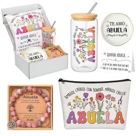Jingmore 5 Pcs Spanish Grandma Gifts Set Mothers Day Birthday Abuela Gifts with 16 oz Glass Cup Makeup Bag Jewelry Tray Dish Pink Stone Bracelet and Card for Nana Gigi Grandma