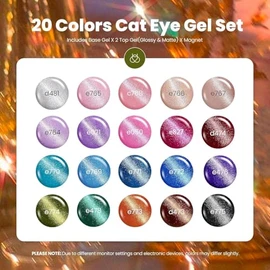 Beetles Esmalte en Gel Ojo de Gato, Kit de 20 Colores | Tonos Nude, Rosa, Verde y Azul con Imán, Base y Capas Superior Mate y Brillante