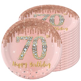 Paper Plates 70th Birthday, Pack of 16 Disposable Birthday Plates, 23 cm Paper Plates Disposable for Boys Girls, Rose and Gold Paper Plates for Party Birthday, Happy 70th Birthday Disposable Plates