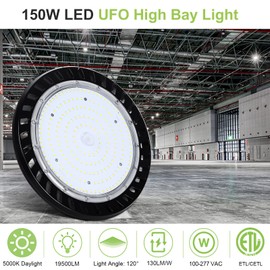 hykolity 2 Pack LED High Bay Light 150W, 5000K UFO LED High Bay Light Fixture with US Plug [250W MH/HPS Equiv.] 100-277V, 19,500lm, IP66 Commercial Warehouse Area Light for Wet Location