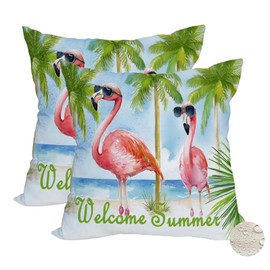 Fukeen Waterproof Pink Flamingo Pillow Covers 18x18 Inch Set of 2 Welcome Summer Beach Throw Pillow Cases Green Tropical Palm Tree Leaves Cushion Cover Outdoor Farmhouse Decorative