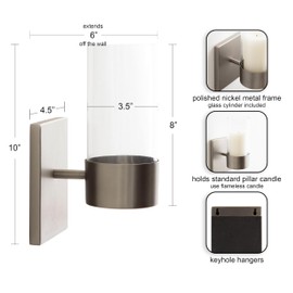 Kate and Laurel Zabler Modern Metal Wall Sconce, 5 x 6 x 10, Antique Nickel, Round Candle Holder with Removable Glass Cylinder for Flameless Candle Display in Bedroom or Bathroom