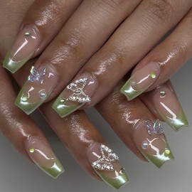 BABALAL Coffin Press on Nails Medium Fake Nails Green Chrome French Tip Glue on Nails St Patrick's Day Acrylic Nails 24Pcs 3D Butterfly Rhinestone Ballerina Artificial False Nails for Women and Girls