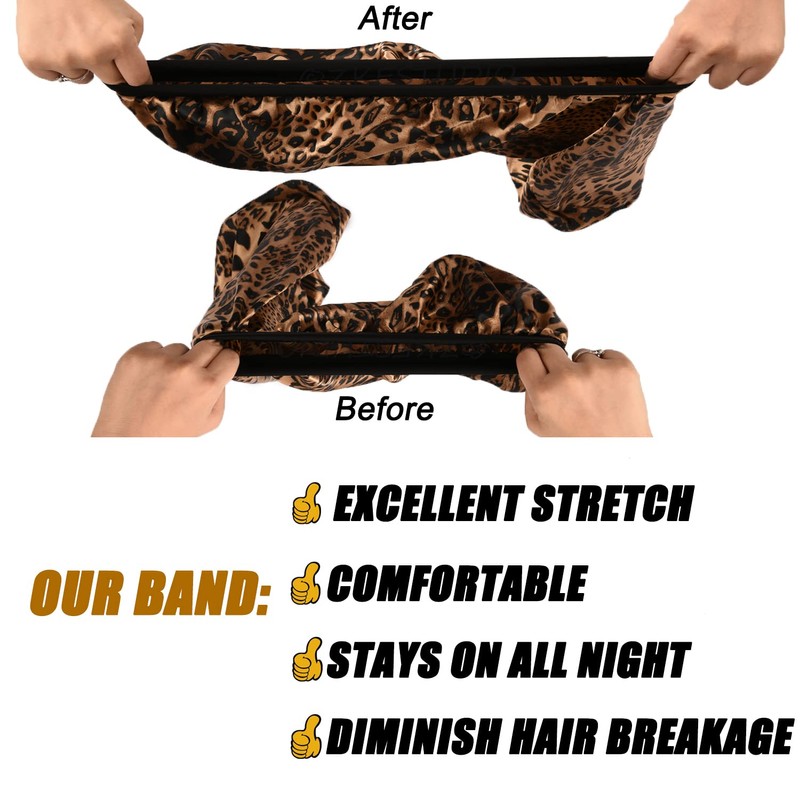 2 Pcs Hair Bonnets for Women Satin, Black Leopard Soft