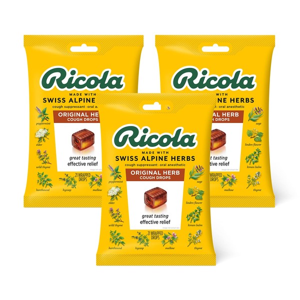 Ricola Original Herbal Cough Suppressant Throat Drops, 21ct Bag (Pack of 3)