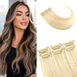Bella Hair Clip-in Human Hair Extensions Real Human Hair - 30g 6pcs 22 inch Lightweight Straight Remy Human Hair Hairpieces for Highlights & Mix Shades - #613 Blonde