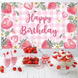Avezano Strawberry Happy Birthday Banner Girls Pink Strawberry First Birthday Decorations Sweet One Strawberry Theme Birthday Decor for Kids Girls Womens Adults 70.8 x 43.3 Inch