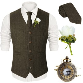 EFORLED Men's Tweed Wool Formal Suit Vest Waistcoat, Neck Tie, 1920s Pocket Watch and Wedding Boutineers for Groomsmen,Khaki,S