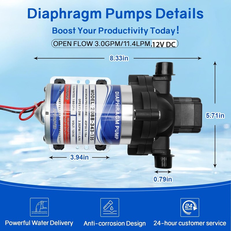 Etespie Automatic-Demand Diaphragm Pump 2088-343-135, 12V DC, 3.0 GPM With