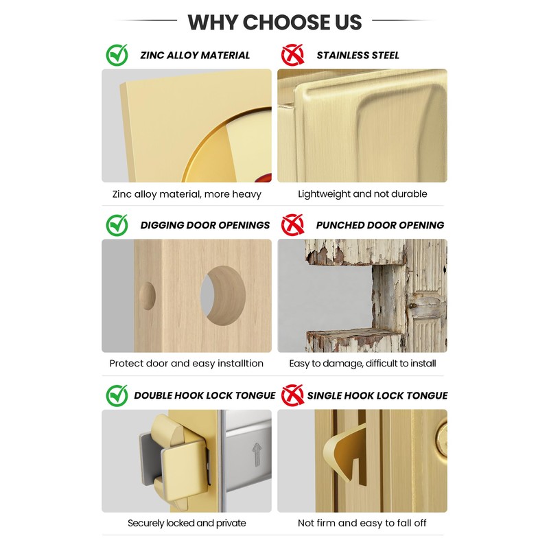 goldenwarm Brushed Gold Square Pocket Door Lock with Indicator, Pocket