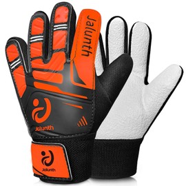 Jalunth Soccer Goalie Gloves Kids Youth Goalkeeper Field Player Gloves Boys Girls Training Grip Goal Keeper Glove Age 4-6 Years Old with Upgraded Anti-Skid Latex Palm Orange Black Size 5