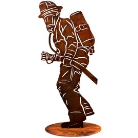 Rostikal Fireman Figurine 20 cm - Patina Garden Decoration Made of Metal - Handmade Fire Brigade Decoration for Garden and Living Room Fire Brigade Fans
