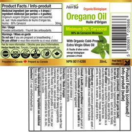 Herba Organic Oregano Oil Drops - 30ml (1 fl oz) | Certified Organic Wild Oil of Oregano Liquid Drops with Over 80% Carvacrol and 1% Thymol | Extra Strength - Source of Antioxidant | Made in Canada