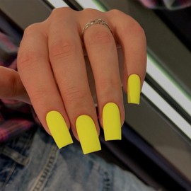 Matte Yellow Press on Nails Long Square, KXAMELIE Medium Coffin Nails Press ons Long Glue on Nails Natural Thick Fake Long Nails Acrylic Nails Reusable 24 Fake Nails Solid Color False Nails for Women