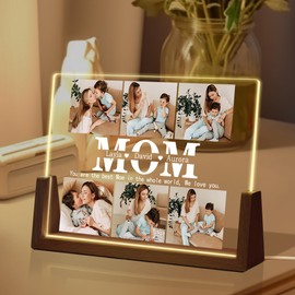 Personalized Mothers Day Birthday Gifts for Mom from Daughter Son Kids, Custom Acrylic LED Night Light Walnut Base With Photos Text, Customized Mothers Day Unique Gifts for Wife from Husband