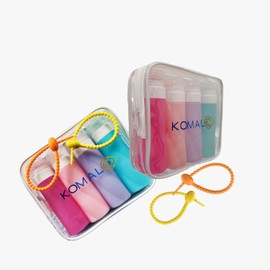 KOMAL Portable Toiletries TSA approved 3 oz. The travel set contains 4 bottles BPA free, refillable silicone bottles with leak-proof closure and 2 practical 8.5-inch long silicone straps for your bags