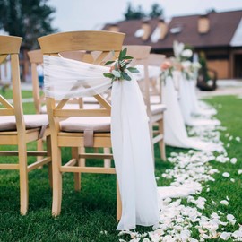 White Chair Sashes 16 Packs 8ft Long Aisle Wedding Chair Back Side Decorations Fabric Sheer Church Tulle Chair Drapes Bulk