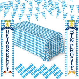 Oktoberfest Decorations Kit - White and Blue Oktoberfest Tablecloth, Oktoberfests Door Banner, Pennant String Flag Suitable for German Beer Festival Party