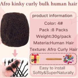 Afro Kinkys Bulk Human Hair for Dreadlock Extensions,Repair Locs, Twists and Braids, 8 Packs 240 Gram Each Package 100% Human Hair Afro Kinky Bulk Can be Dyed and Bleached (Dark Brown 4# 8inch)