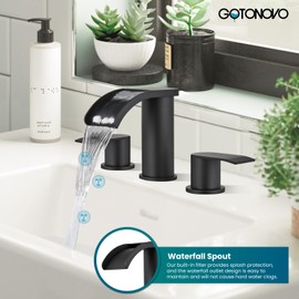 gotonovo Waterfall 8 inch Widespread Bathroom Faucet Set Bathroom Sink Faucet 3 Hole 2 Handle Vanity Lavatory Deck Mount with Pop Up Drain and Water Supply Lines Round Body Matte Black