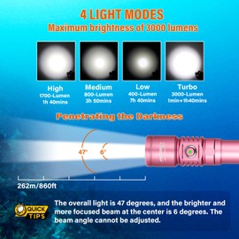 ORCATORCH D710 Scuba Diving Light, 3000 Lumens Super Bright Underwater Flashlight with 6 Degrees Narrow Beam, IP68 Waterproof Night Dive Torch 150 Meters Submersible Light (Pink)