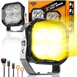 Auxbeam Color Play Series Flood Beam LED Pods, 3 Inch Offroad Lights 100W 11600LM, DRL & Turn Signal 3 Modes, Amber White Dual Color Lens Covers, Backup Reverse Off Roading LED Cubes Flood Light Bar