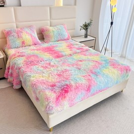 chovy Faux Fur Rainbow Twin Sheet Set with Extra Soft Plush Velvet Flannel Fluffy Fuzzy (Pillowcase x 2, Flat Sheet x 1, Fitted Sheet x 1)