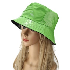 IHAUIUE PU Leather Metallic Bucket Hat Trendy Solid Color Fishing Cap Reversible Packable Sun Hats for Women, Men, Green