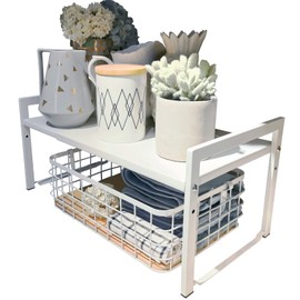 Urhomey plus Expandable Cabinet Shelf Organizer 16-26" L Stackable Kitchen Counter Shelf Rack Stand Sink Riser Countertop Storage White (Wide 10.6”D)