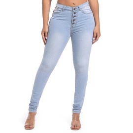 FISCLOSIN Womens High Waist Stretch Jeans 5 Button Push Up Butt Lifting Skinny Colombian Jeans,Sky Blue,Large
