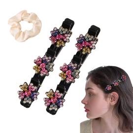 2pcs Sparkling Crystal Stone Braided Hair Clips, Flower Rhinestone Hair Clips Braid Hair Duck Bill Clips Hair Accessories Braided Hair Clips for Ladies and Girls
