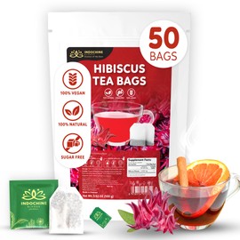 Indochine Blends Hibiscus Tea Bags | 100% Pure Hibiscus Flower | Sugar-Free, Caffeine-Free Herbal Tea | Double Chamber, Individually Wrapped Bags| Rich in Natural Goodness and Flavor | 3.5 oz | 50 Tea Bags