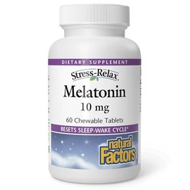 Melatonina Stress-Relax 10 mg por Natural Factors, ayuda natural para dormir, restablece el ciclo de sueño-vigilia, 60 tabletas masticables (60 porcio