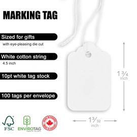 EnviroTag Blank White Marking Tags, Size 1 3/4'' x 1 3/32'', 100 pcs, Prestrung with 4.5" Cotton String