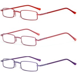 REAVEE 3 Pack Slim Pen Reading Glasses Small Tube Readers for Men Women Spring Hinged with Portable Clip Case, Red Pink Purple 2.25